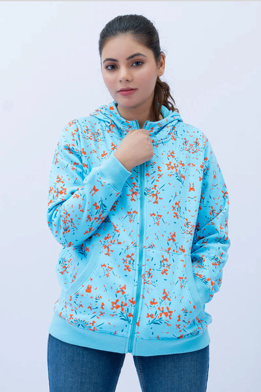 Model wearing a T Breeze Zipper Hoodie in light blue