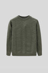 Straight front display of a wool cardigan in olive with a textured knit pattern
