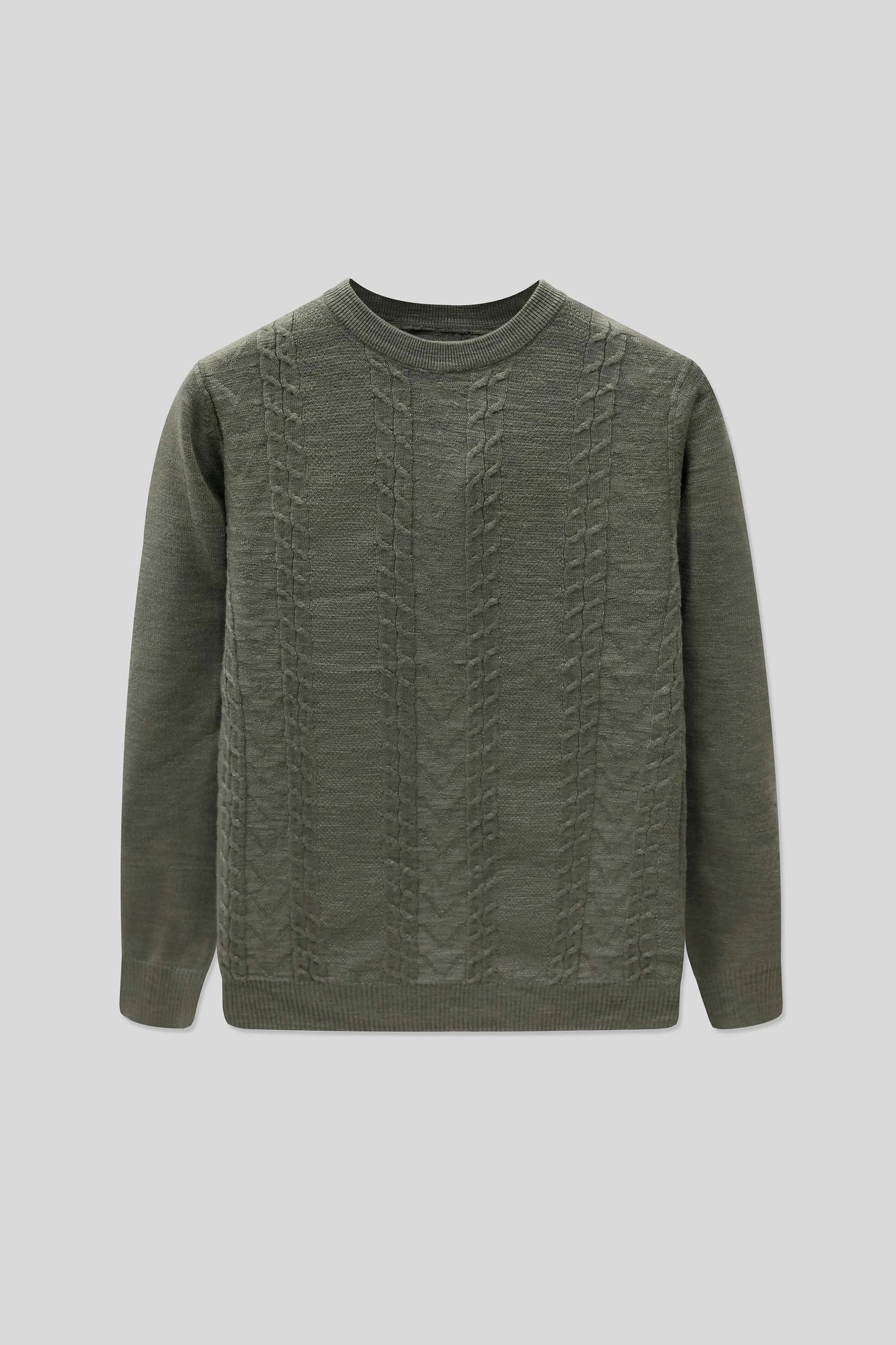 Straight front display of a wool cardigan in olive with a textured knit pattern
