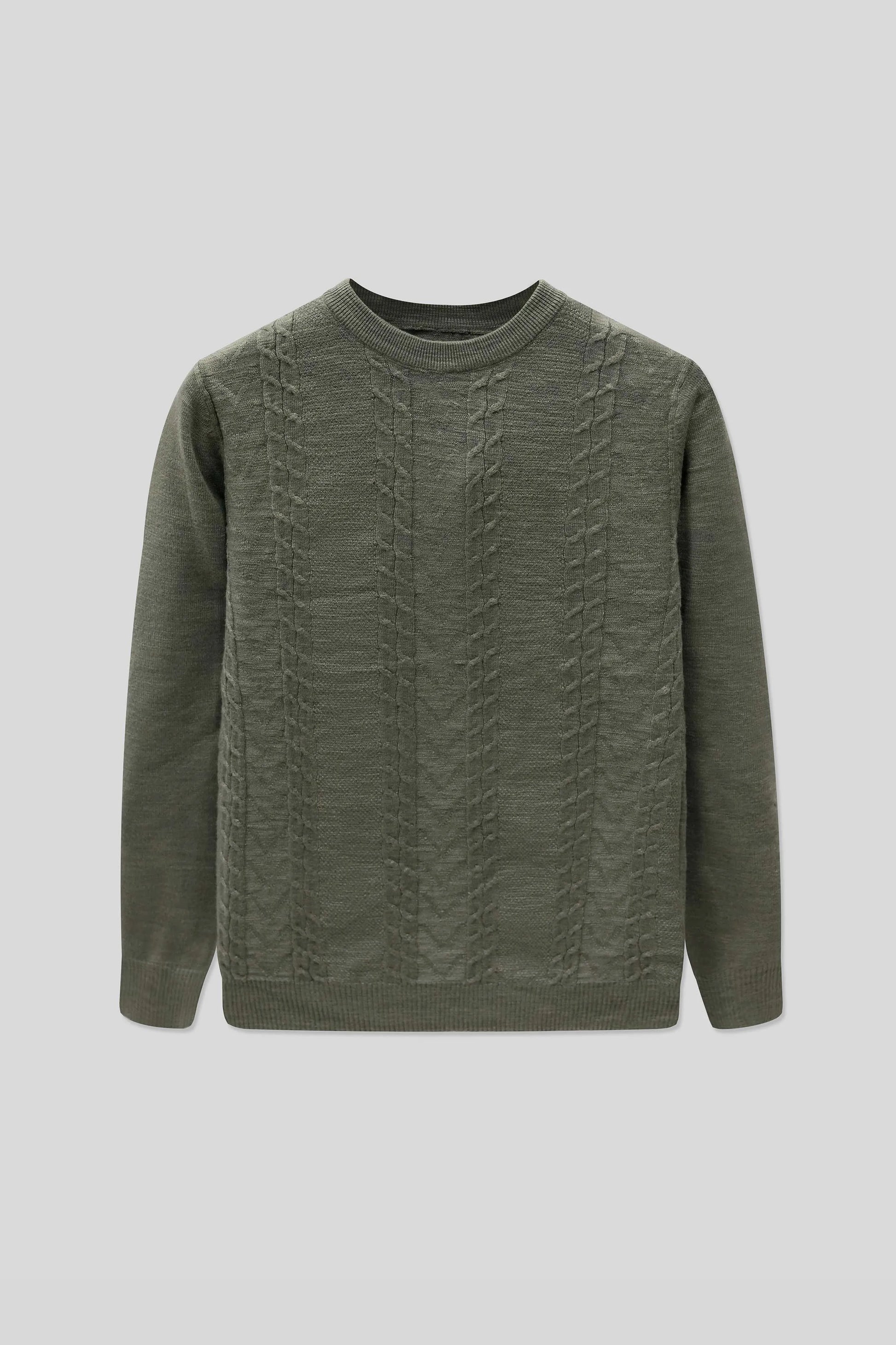 Straight front display of a wool cardigan in olive with a textured knit pattern
