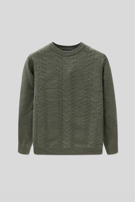 Straight front display of a wool cardigan in olive with a textured knit pattern
