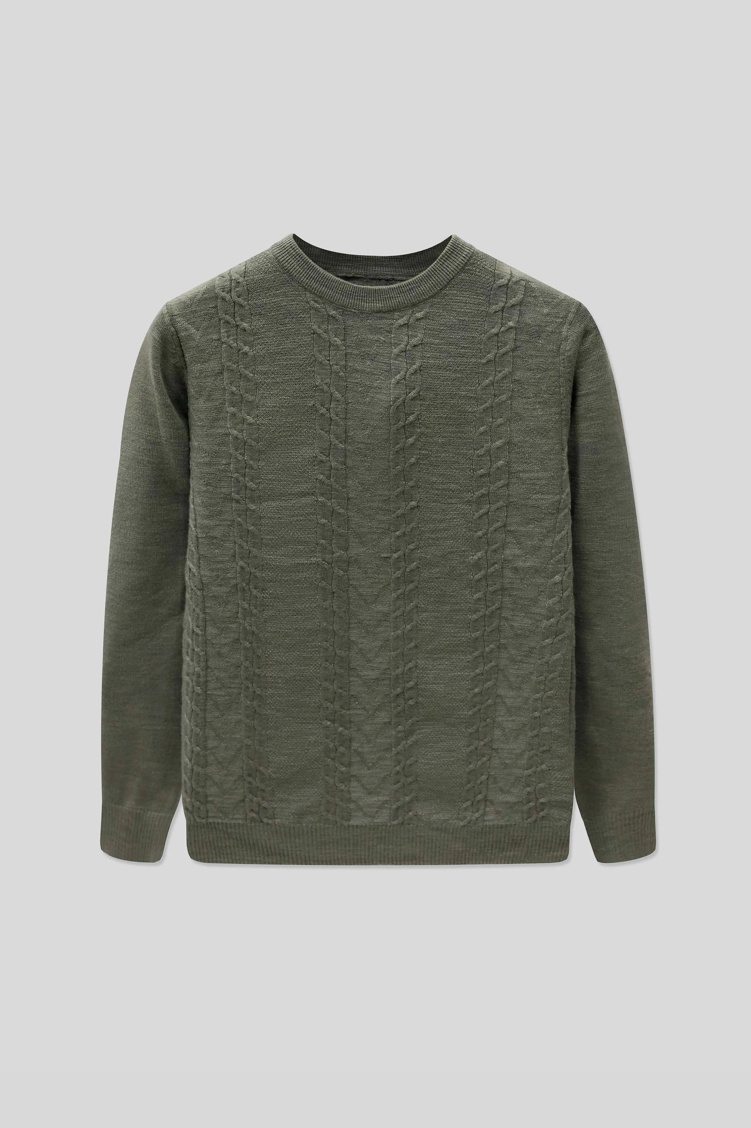 Straight front display of a wool cardigan in olive with a textured knit pattern
