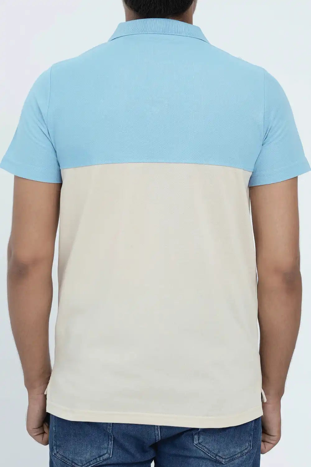 Two-tone blue and beige polo shirt