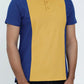 Person wearing a two-tone blue and yellow polo shirt