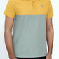 Person wearing a two-tone yellow and gray polo shirt
