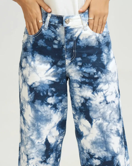 Women Tie & Dye Wide Leg Jeans - Blue