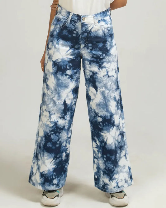 Women Tie & Dye Wide Leg Jeans - Blue