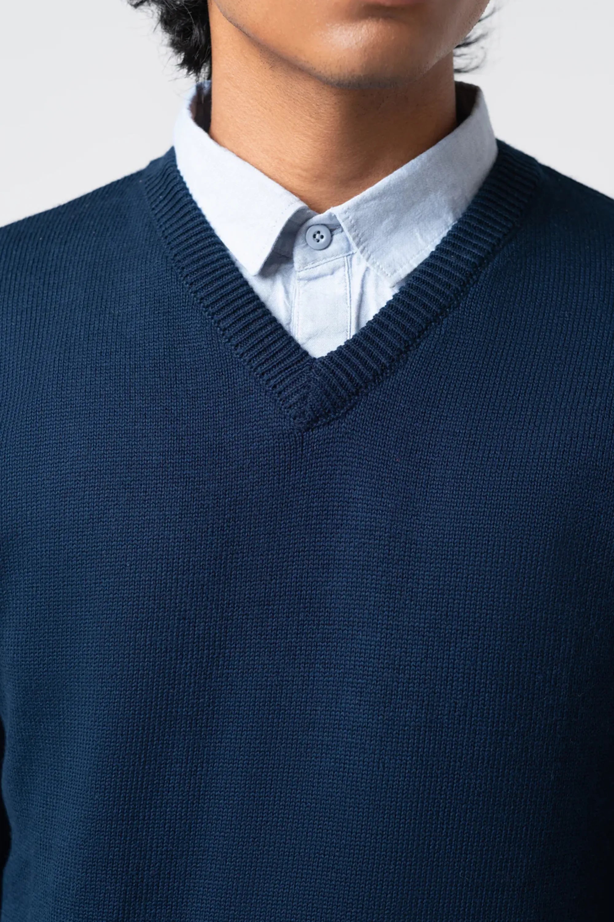 V-neckline close-up highlighting texture of men's v neck cardigan navy
