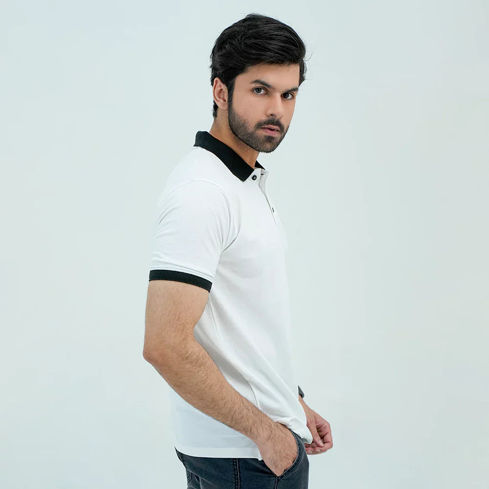 Men Polo Shirt with Contrast Trims - White - Harwage