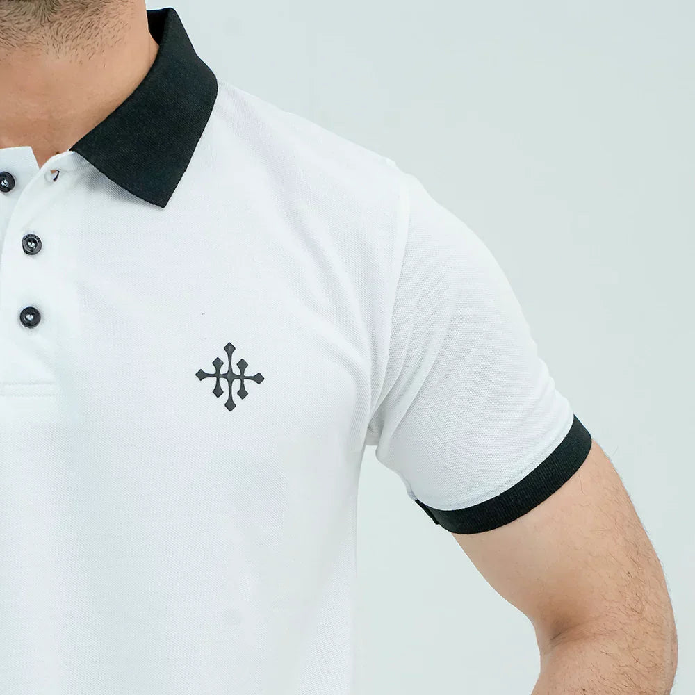 Men Polo Shirt with Contrast Trims - White - Harwage