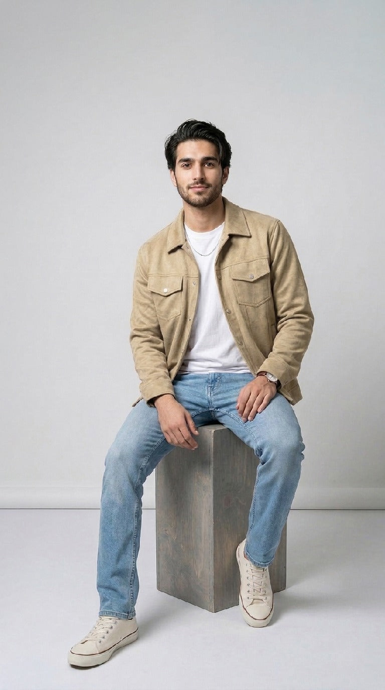 Men’s Suede Trucker Jacket - Khaaki