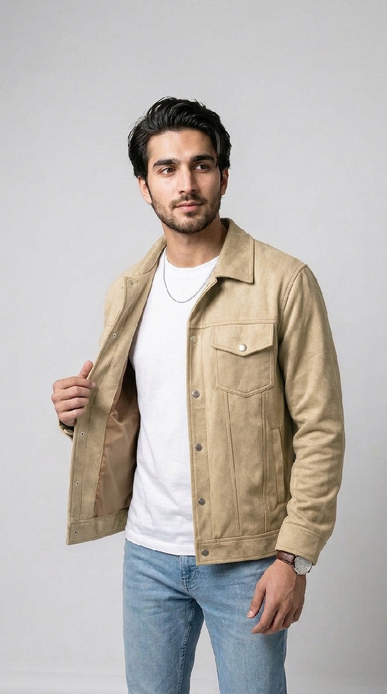 Men’s Suede Trucker Jacket - Khaaki