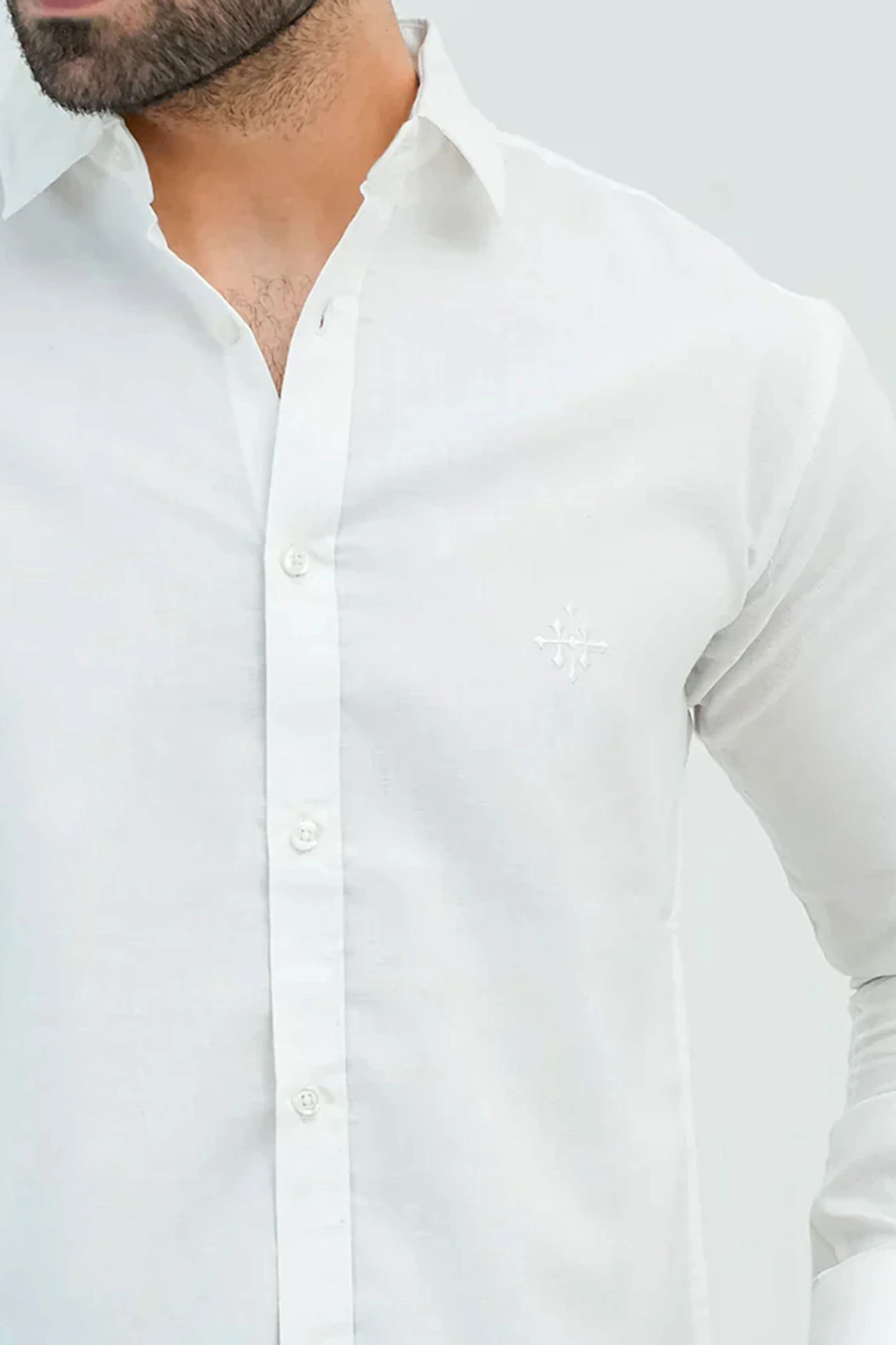 White Oxford Shirt close-up showing front buttons and chest logo