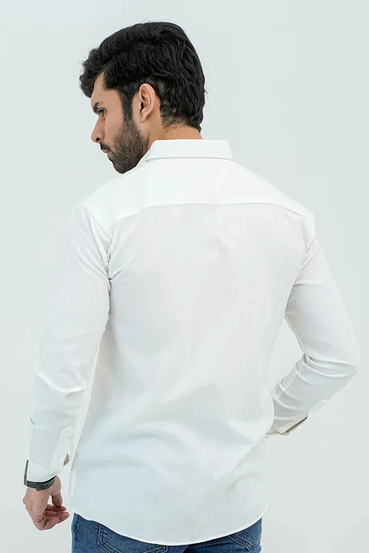 White Oxford Shirt back view showing clean stitching and tailored fit