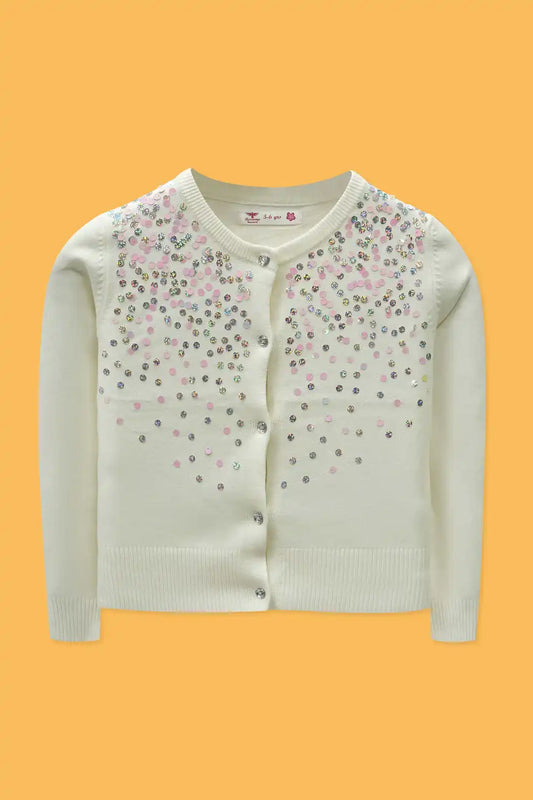 Junior Girls’ White R-Neck Wool Cardigan