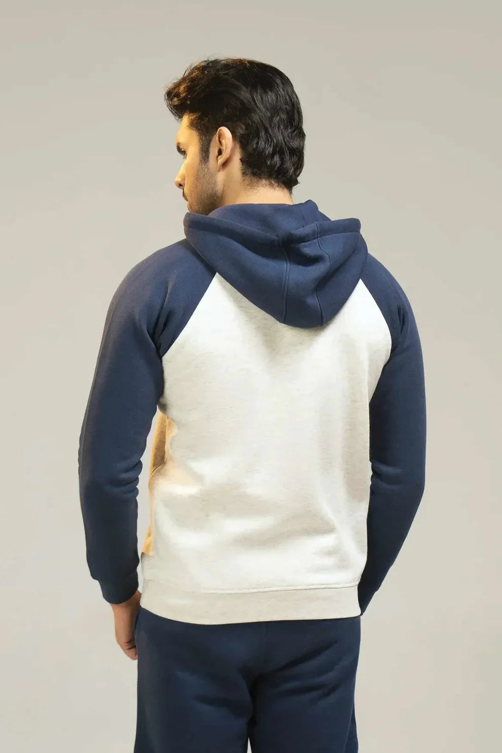 White navy fleece hoodie back view