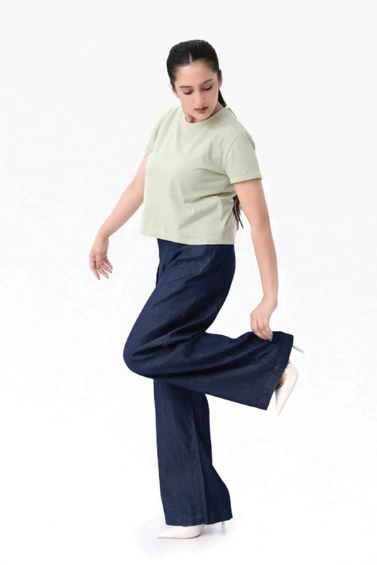 Wide Leg Denim Palazzo - Dark Blue