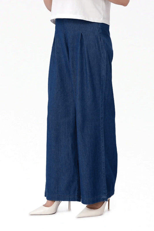 Wide Leg Denim Palazzo - Mid Blue