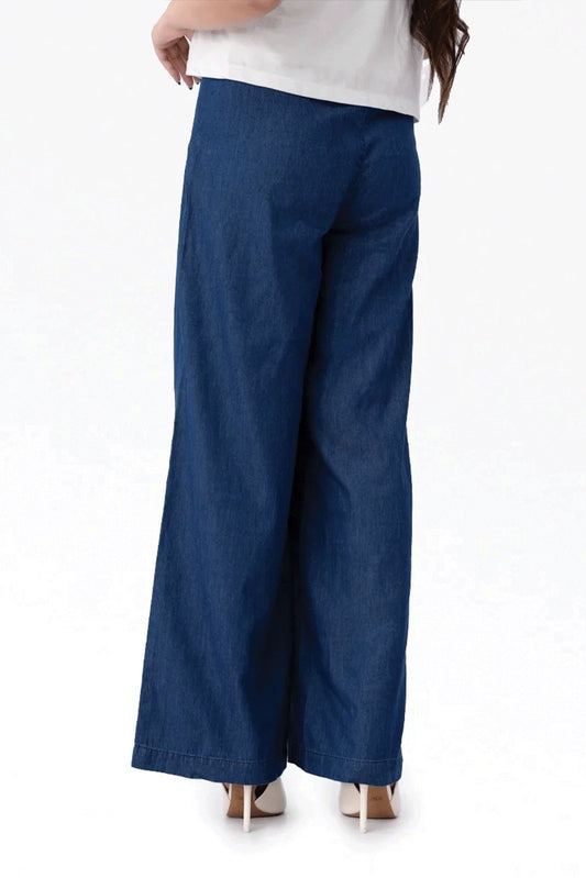 Wide Leg Denim Palazzo - Mid Blue