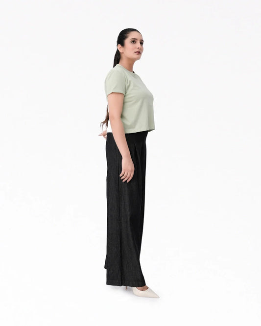Wide Leg Denim Palazzo - Black