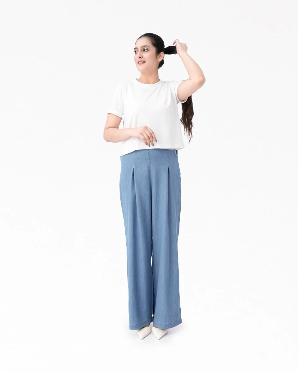 Wide Leg Denim Palazzo - LT Blue