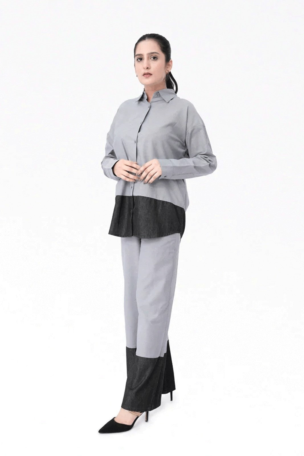 Women Denim Embellish Co-Ord Set – Grey