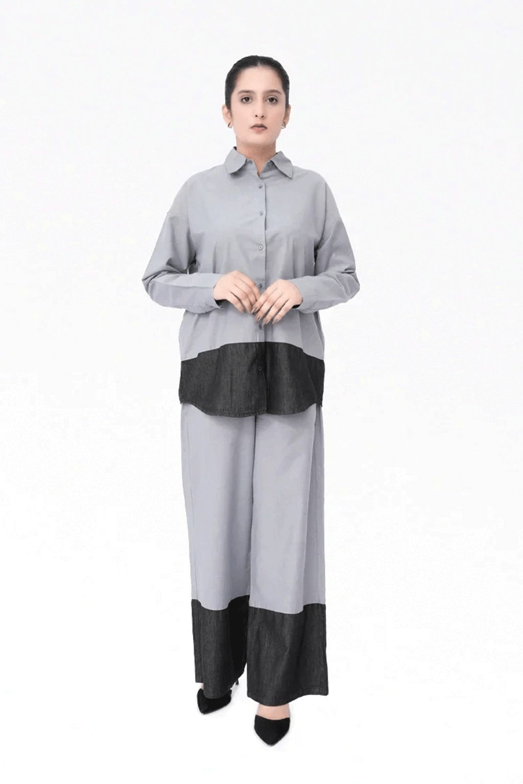 Women Denim Embellish Co-Ord Set – Grey