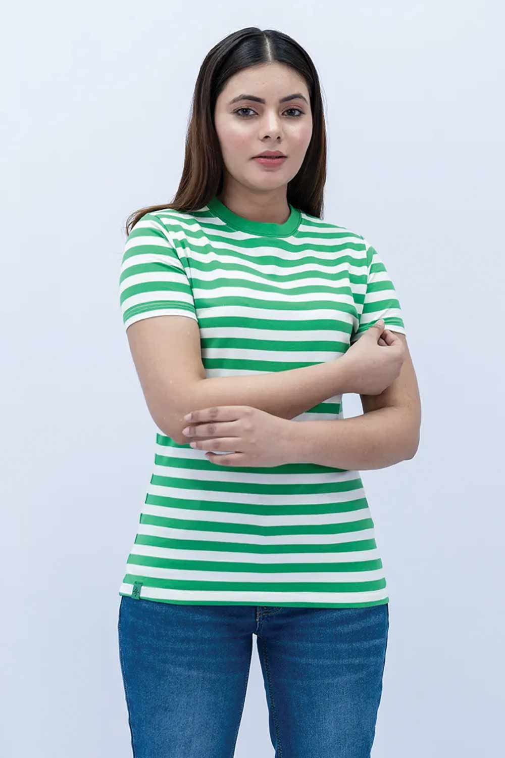 Women Striped T Shirt - Green/White