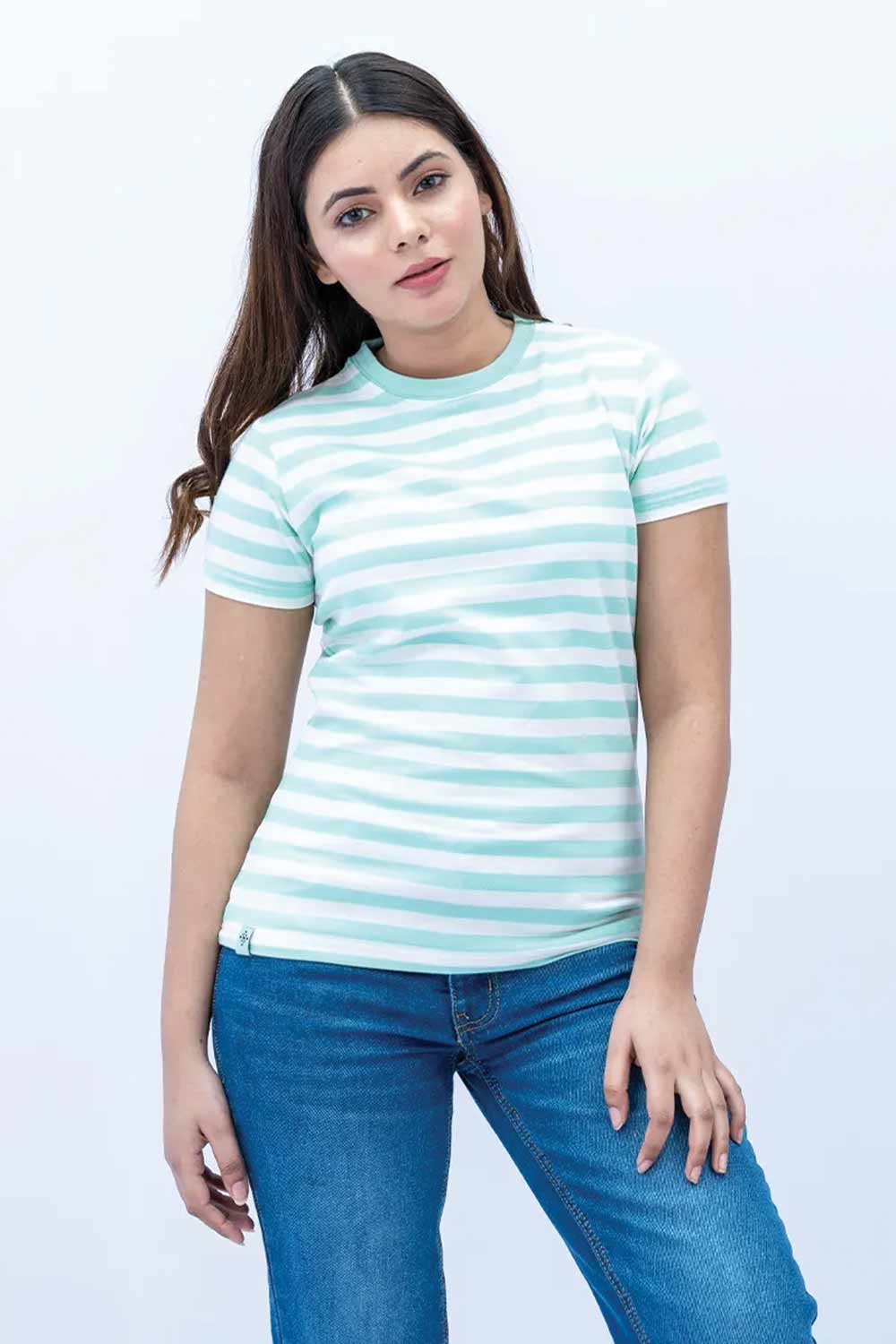 Women Striped T Shirt - Paradise/White