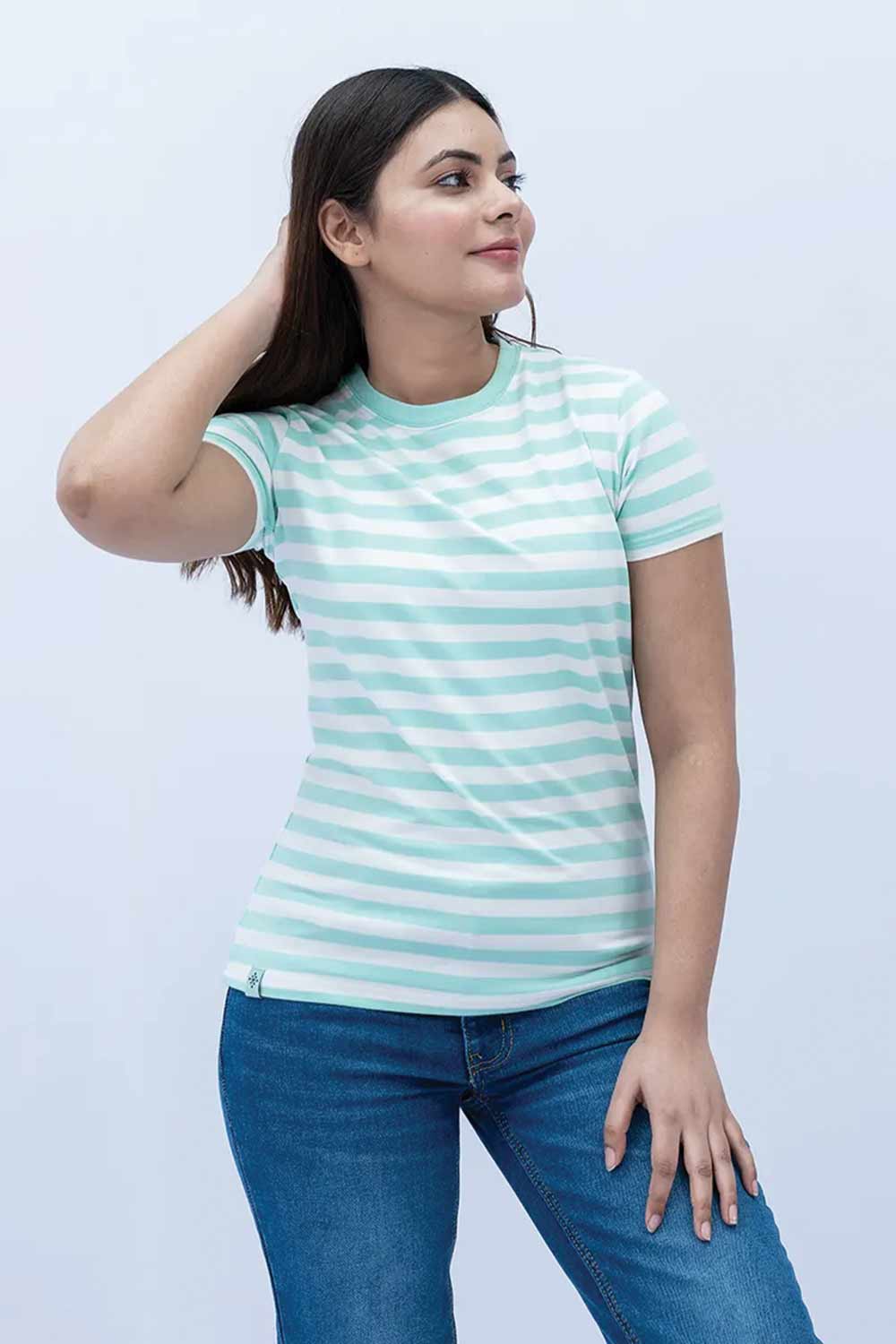 Women Striped T Shirt - Paradise/White