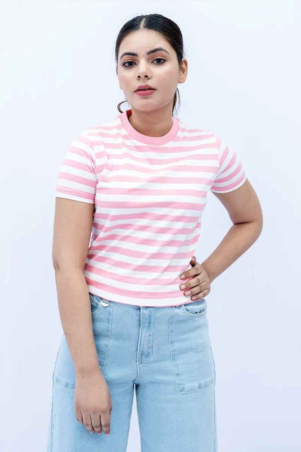 Women Striped T Shirt - Pink