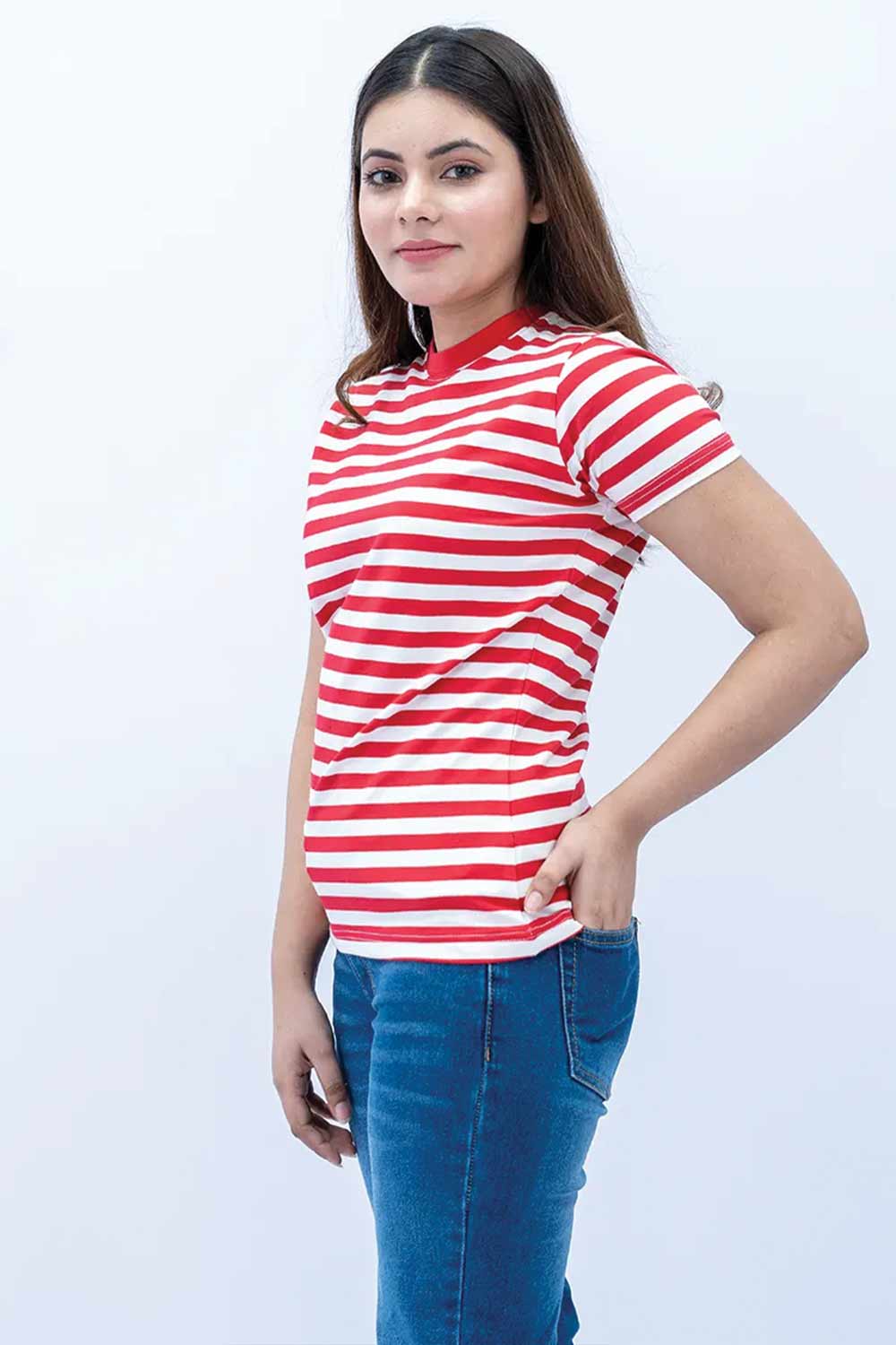 Women Striped T Shirt - Red/ White