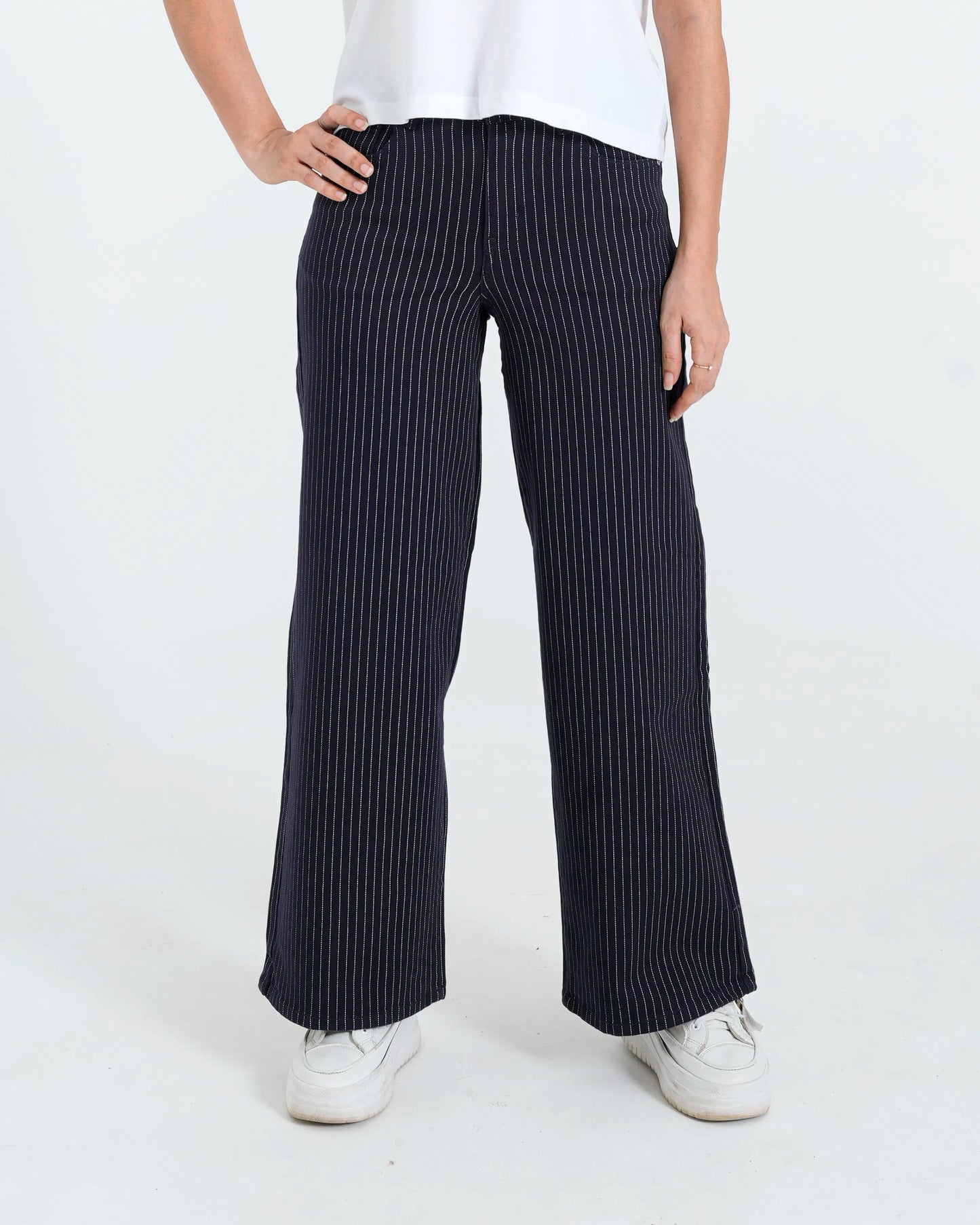 Women Stripped Wide Leg Jeans - Navy Blue