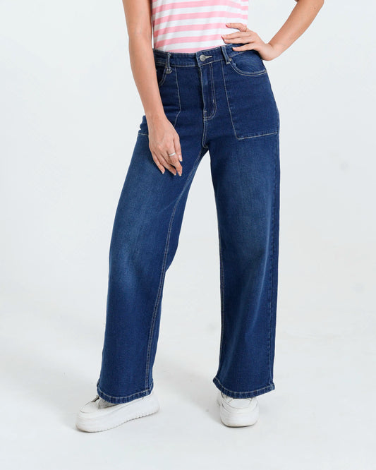 Women Wide Leg Denim Jeans – Navy Blue