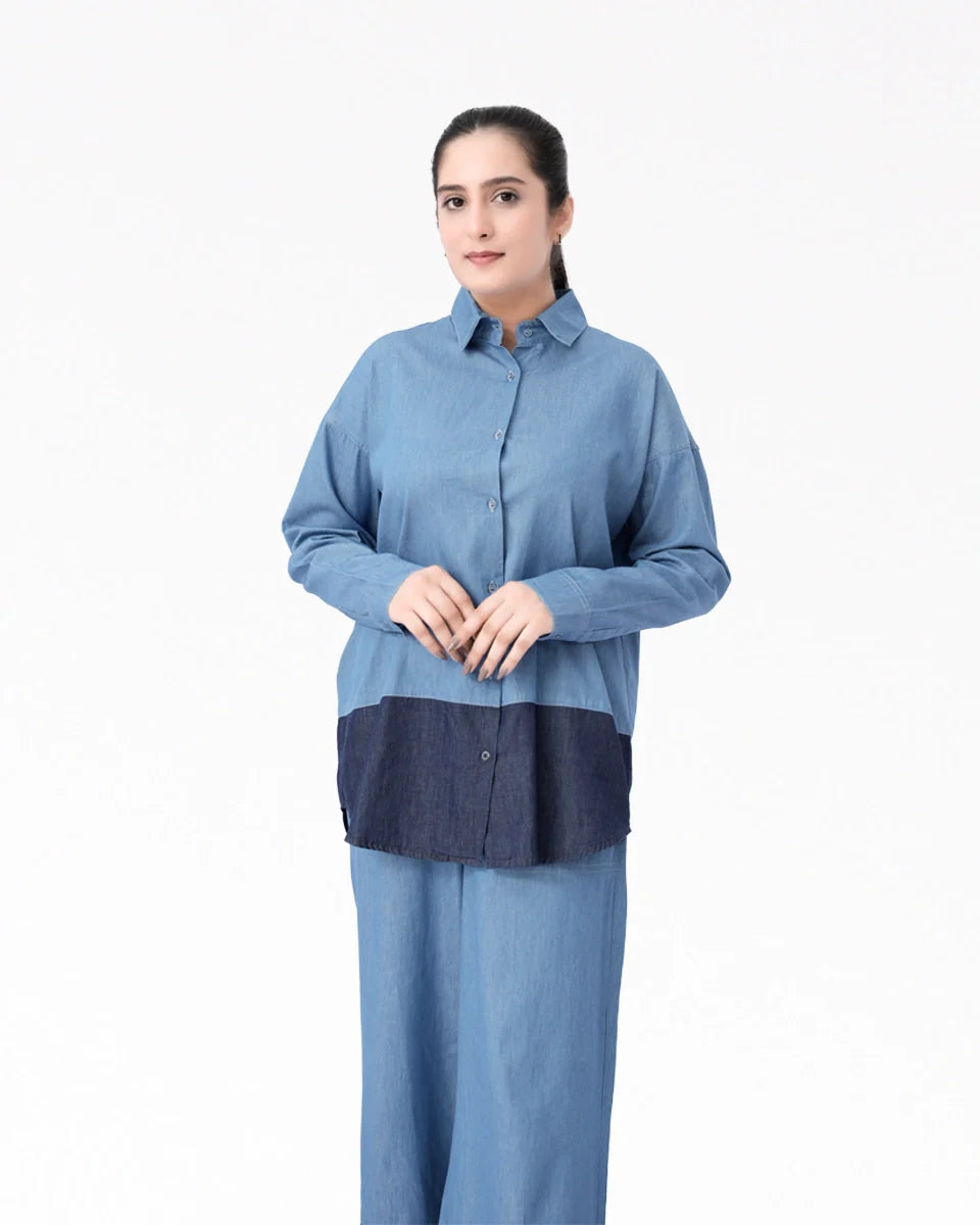 front view of women denim co-ord set in LT blue 