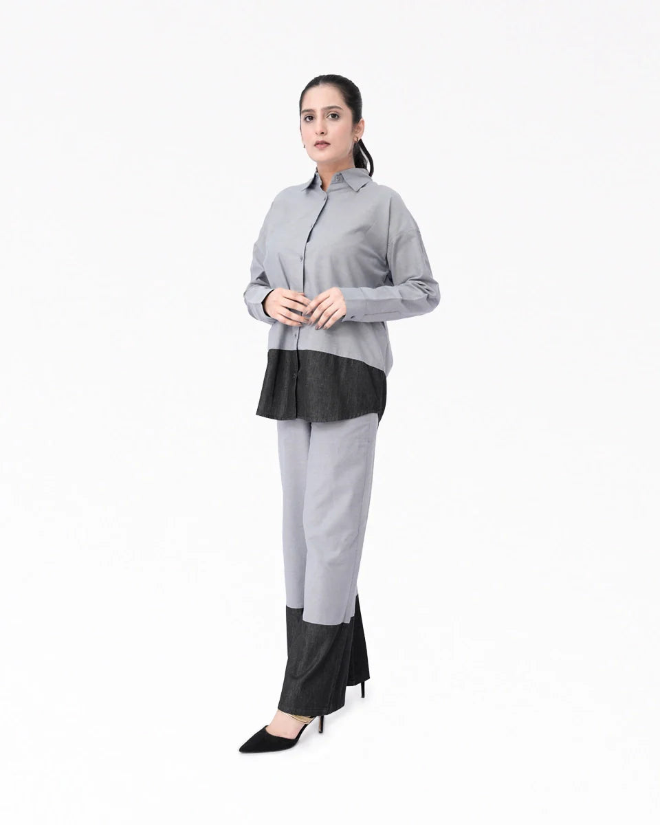 Women Denim Grey Co-Ord Set featuring a chic grey denim fabric with a stylish top and matching pants