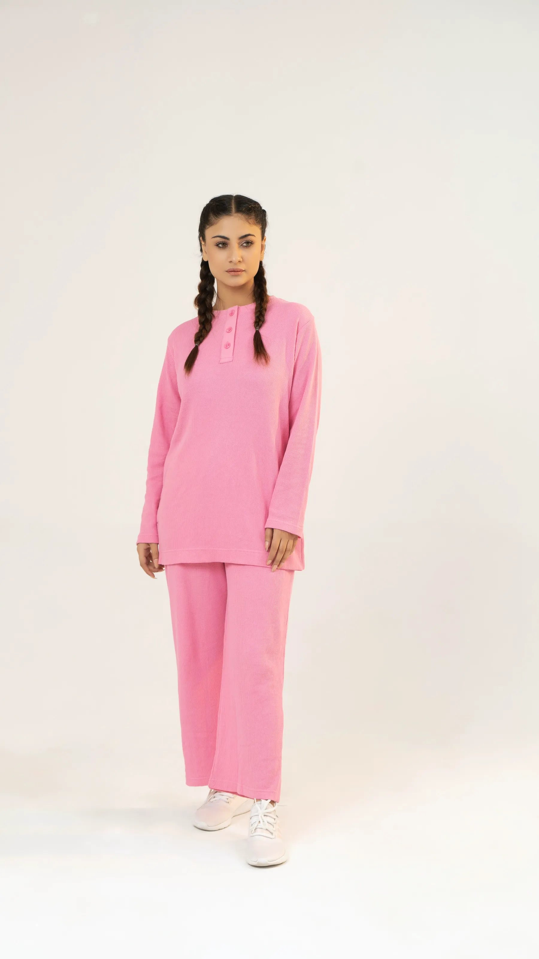Model wearing Women’s Fuchsia Pink Co-Ord Set casual full look