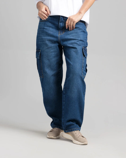 Women’s Ice Blue Loose Fit Cargo Denim Jeans