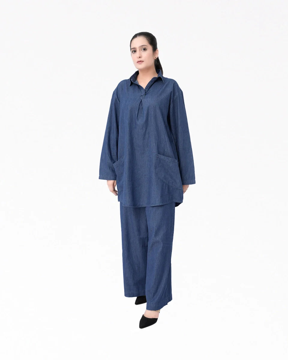 Women’s Mid Blue Denim Co-Ord Set on a white background