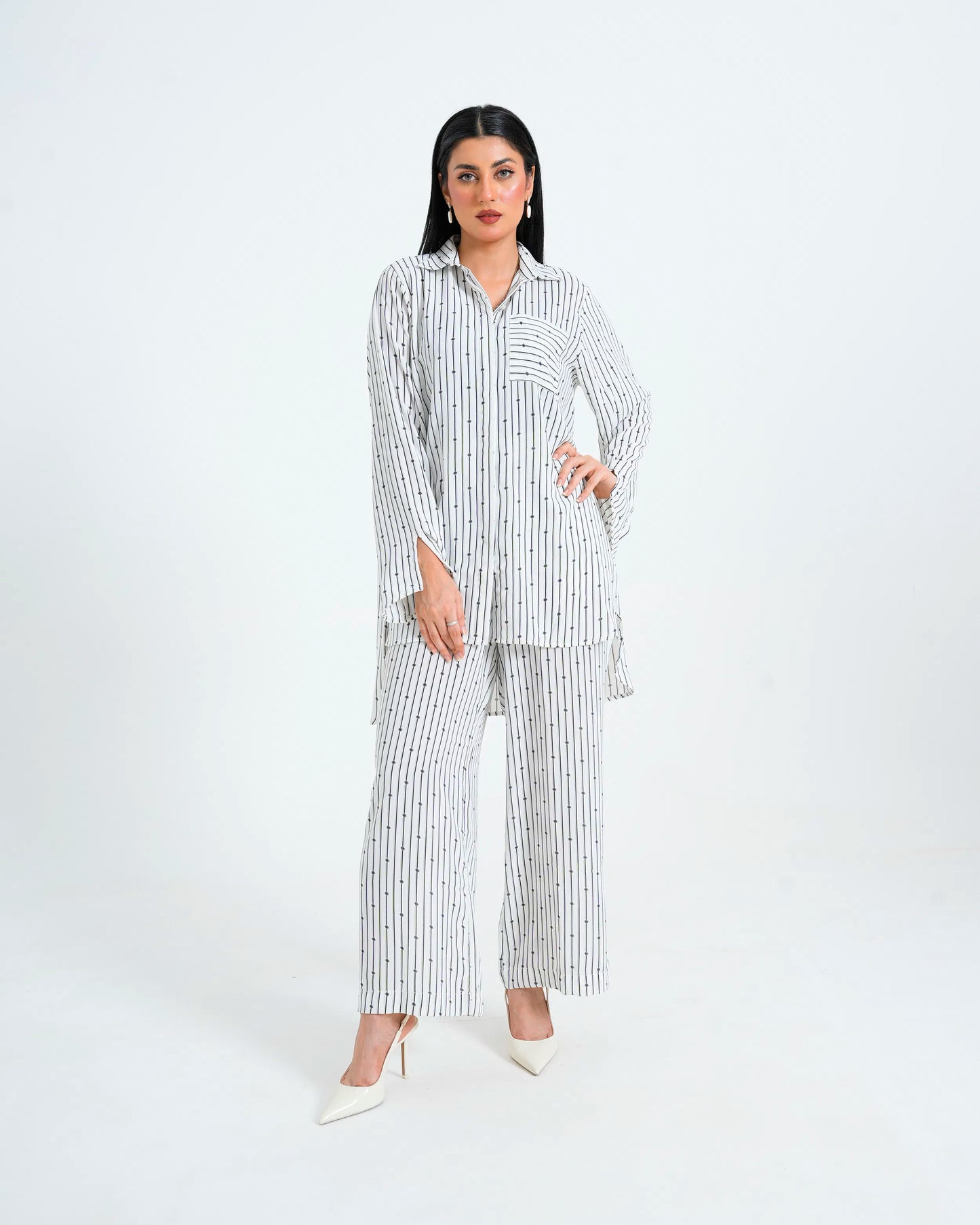 Full view of a women’s white co-ord set