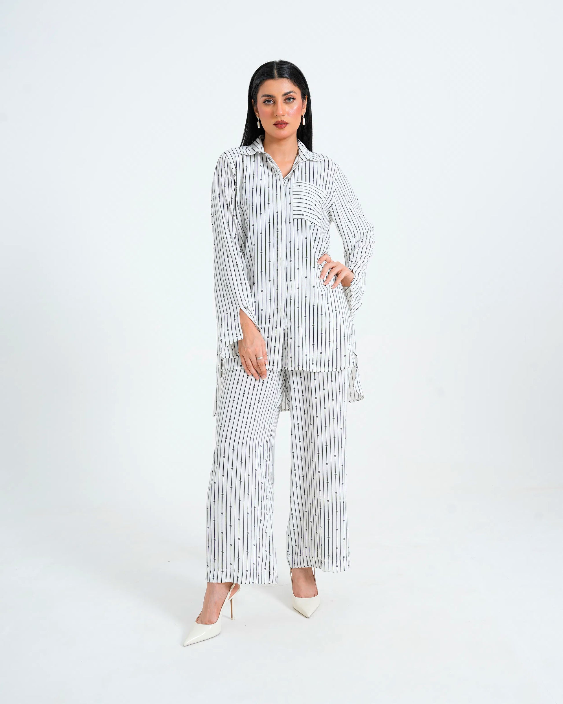 Full view of a women’s white co-ord set