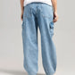 Women wearing Ice Blue Skater Fit Cargo Denim Jeans