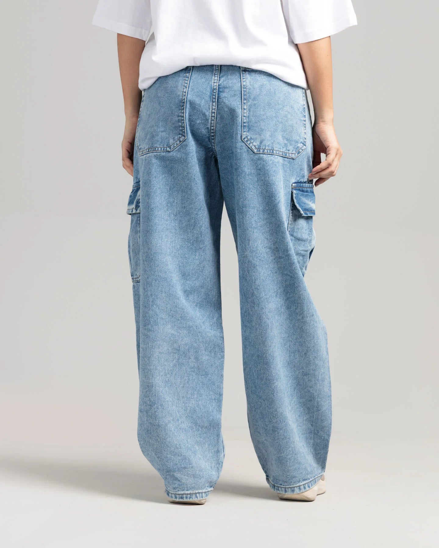 Women wearing Ice Blue Skater Fit Cargo Denim Jeans