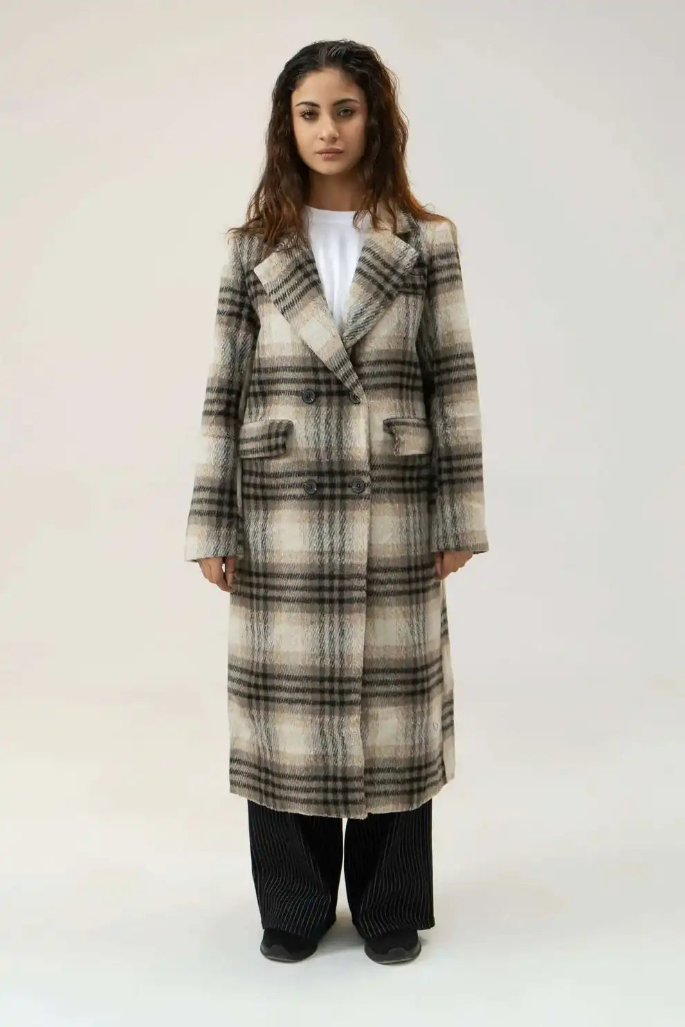 Checkered Long Wool Tweed Coat