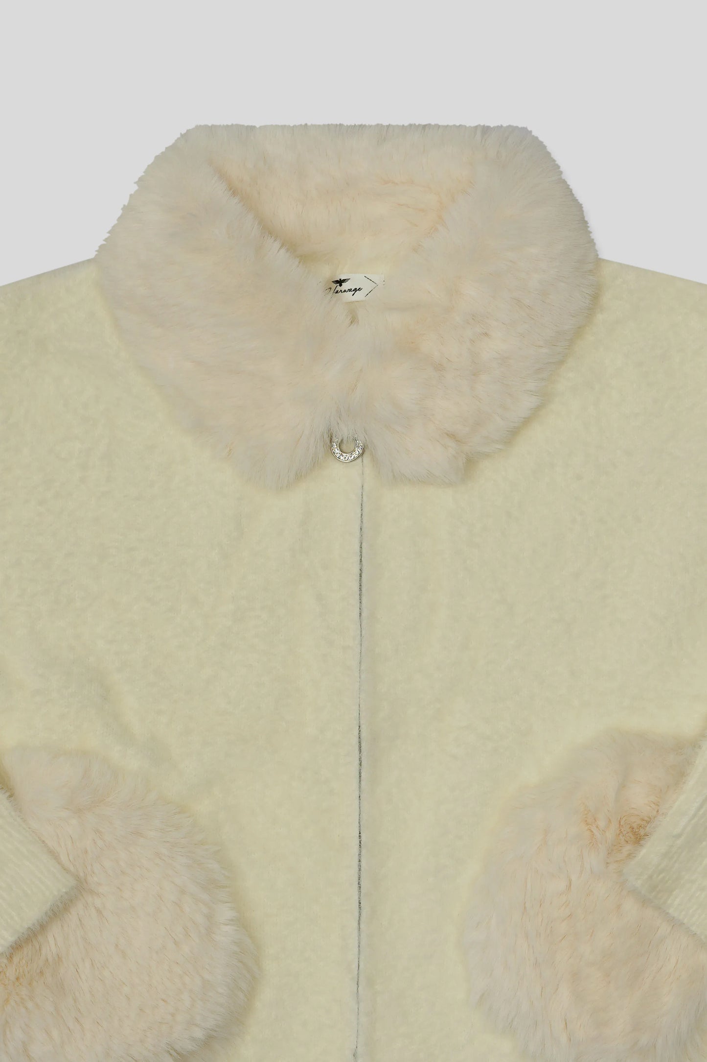 Off-White Wool Cardigan with fur collar and cuffs on a white background