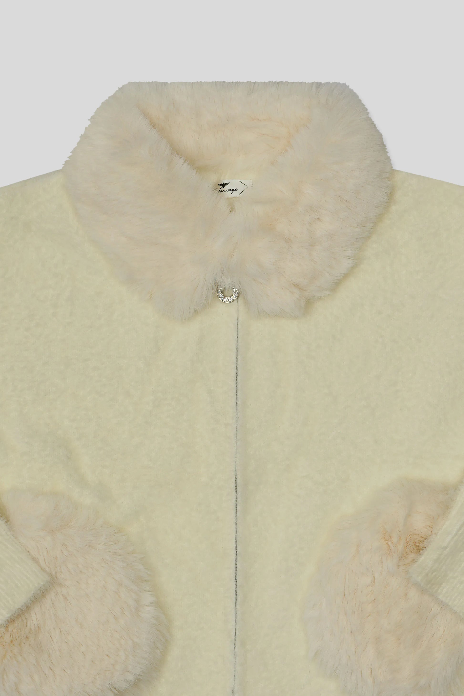 Off-White Wool Cardigan with fur collar and cuffs on a white background