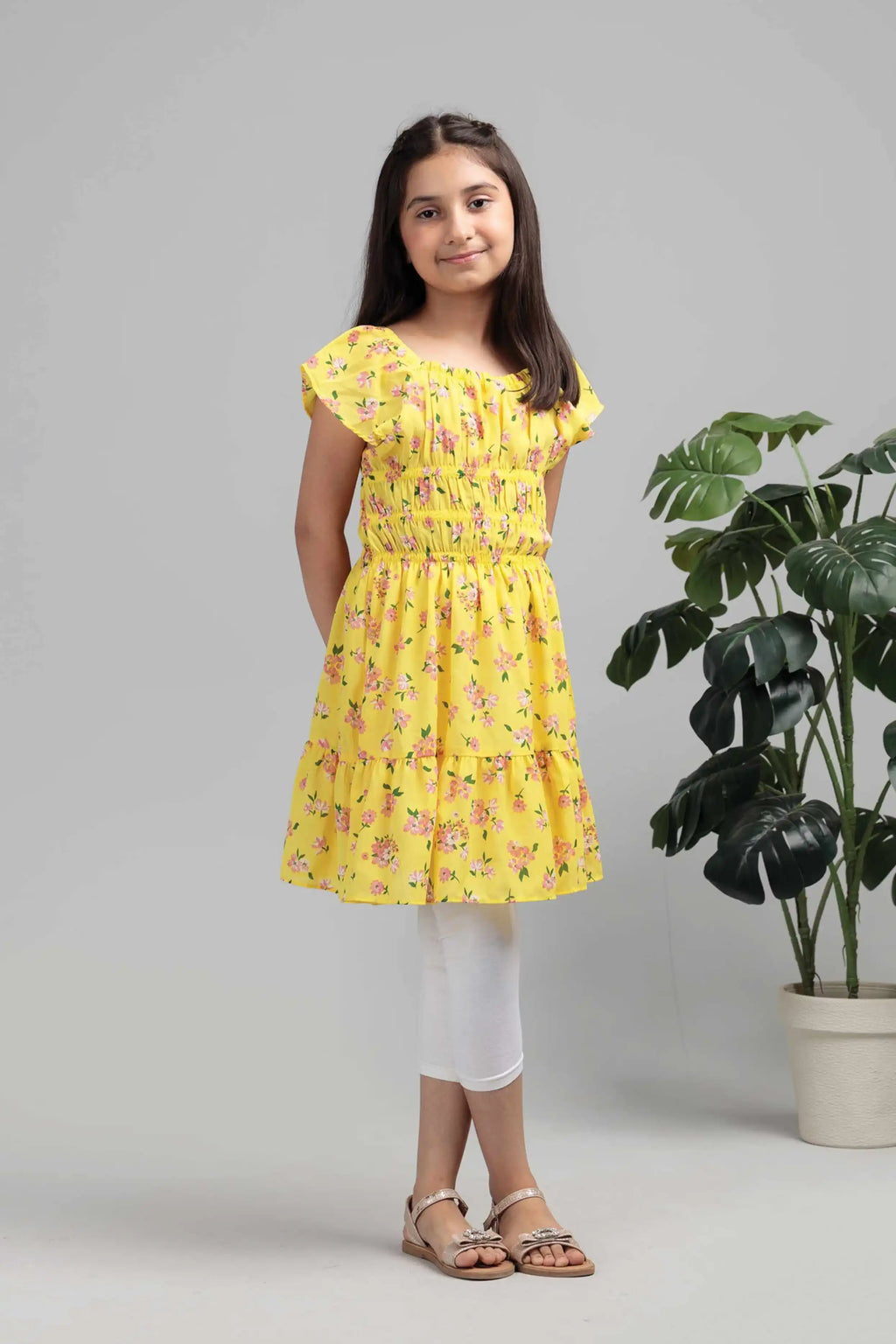 Little Girls’ Yellow Cotton Blend Long Dress