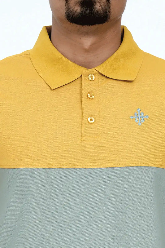 Yellow and gray polo shirt with a small logo