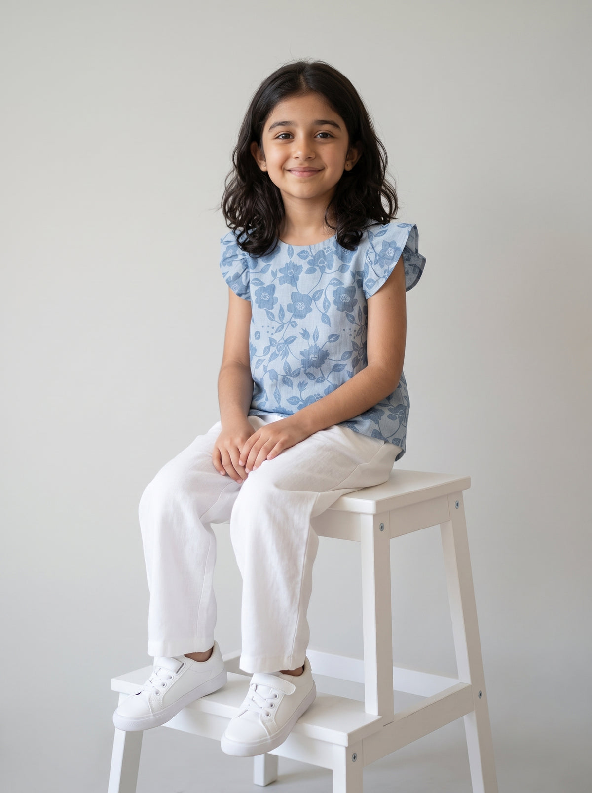 Girls Blue Floral Print Ruffle Sleeve Cotton Top- Illusion Blue