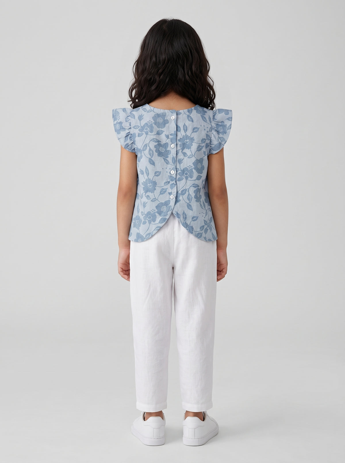 Girls Blue Floral Print Ruffle Sleeve Cotton Top- Illusion Blue